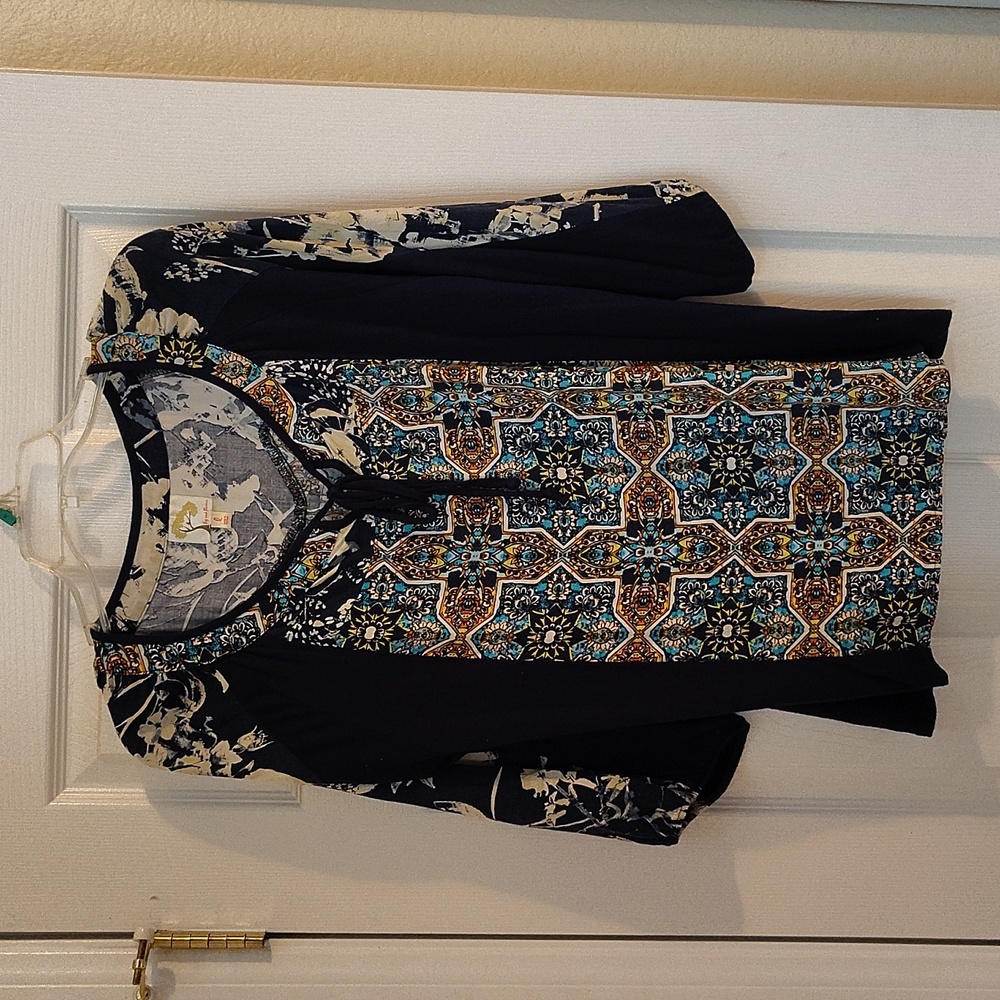 Fig and Flower Women's Top - Blue with Floral And Geometric Accents